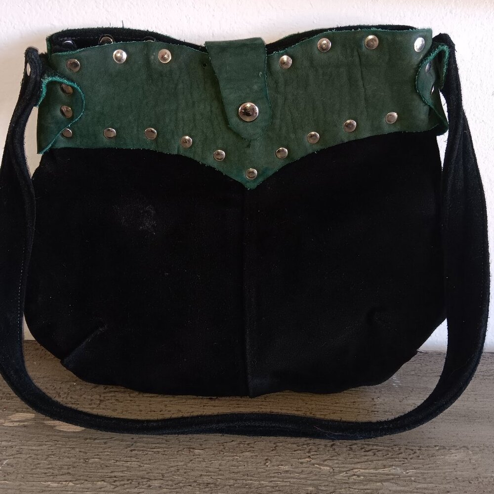 Handmade studded black teal leather denim inside bucket hobo bag purse biker